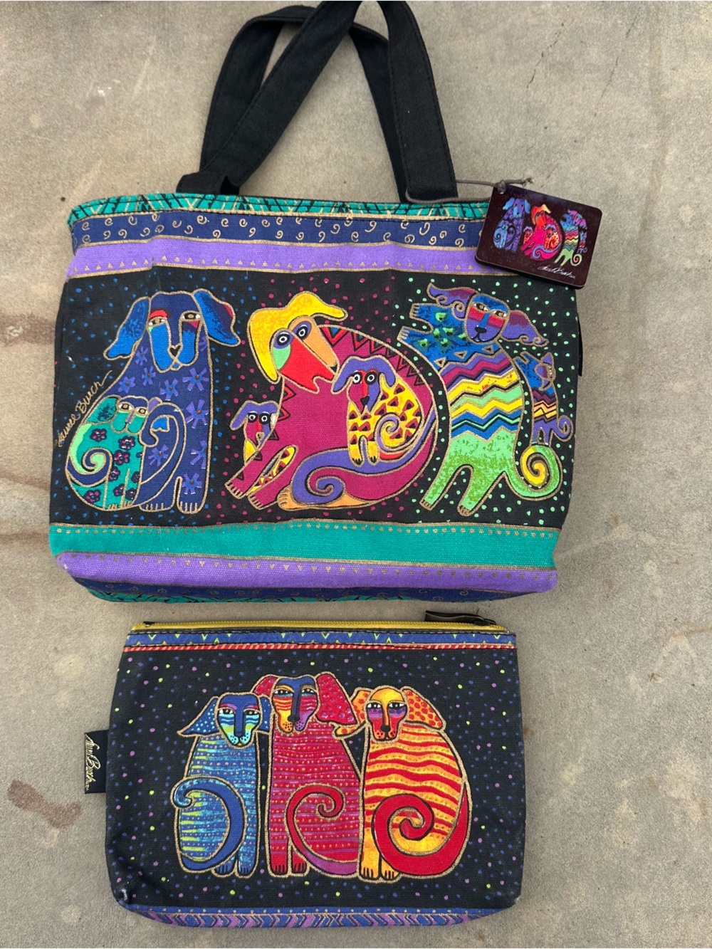 Y2K Laurel Burch Dogs & Doggies Small Colorful Tote Bag Cosmetic Pouch Bag Charm